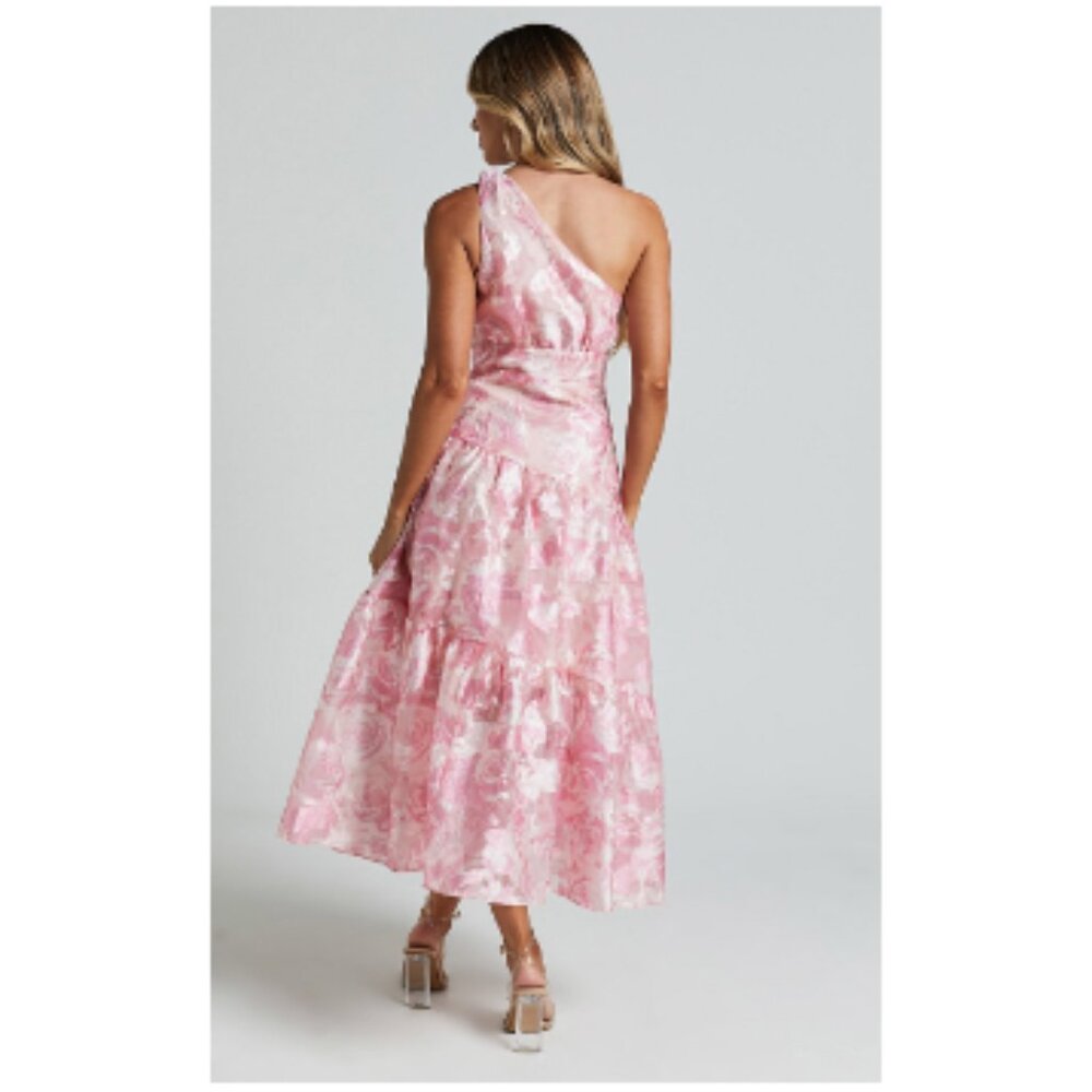 NWT Showpo. Lettie Midi Dress One Shoulder Tiered Blurred Rose Women's US 6 - Picture 4 of 15